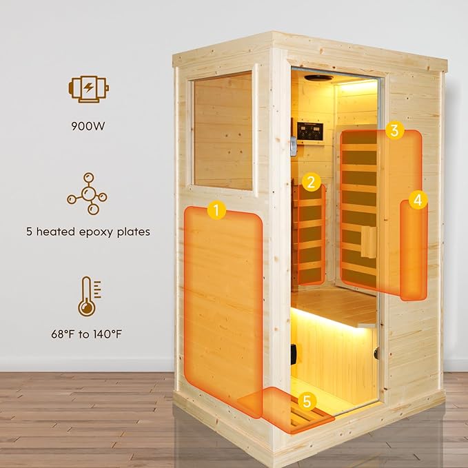 RIGO Sauna Infrared Far Infrared Sauna for Home 1 Person Sauna with Spruce Wood Dry Sauna for Home Sauna Room Low EMF Indoor Sauna for One Person in Home Sauna 900W with Speakers