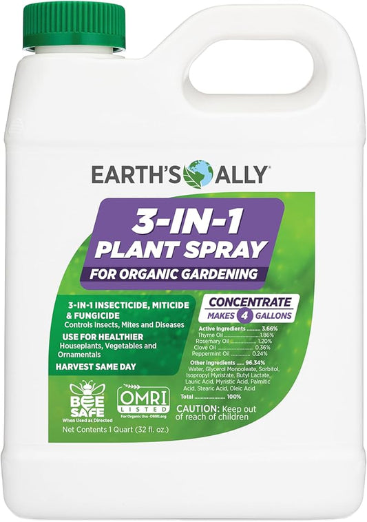 Earth's Ally 3-in-1 Plant Spray 32 Oz Concentrate for Pests and Disease - Organic Insecticide, Fungicide, Miticide - OMRI Listed for Indoor Houseplants and Outdoor Garden - Safe for Bees, Kids, Pets