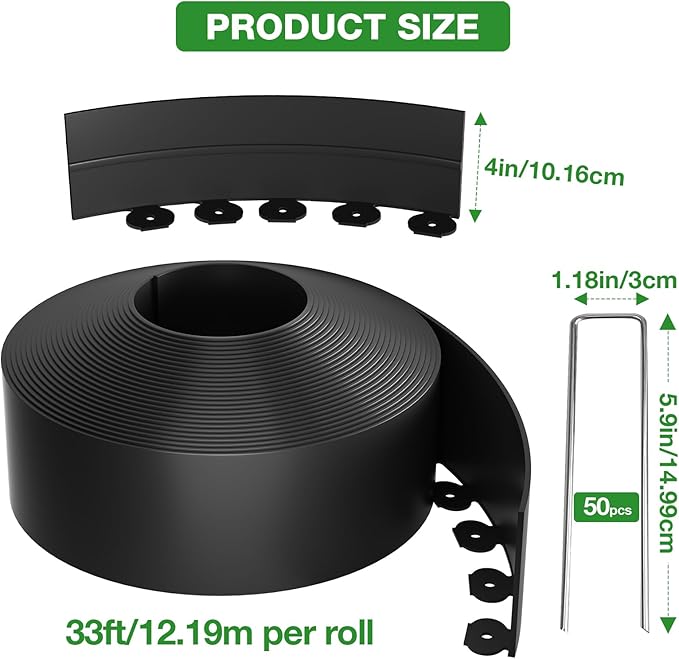 4in Tall,33ft Landscape Edging Kit with 50pcs Metal Spikes, Reinforced Rib Design,No-Dig Flexible Plastic Edge Border for Landscape, Lawn,Garden,Flower Beds,Yard,Paver,Playground, Fence,Pathway,Black