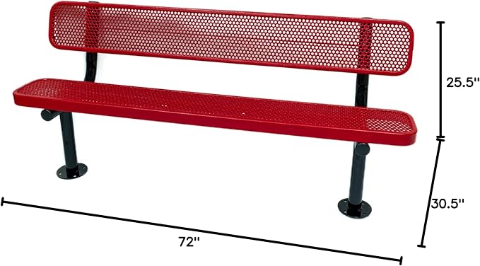 COATEDOUTDOORFURNITURE Coated Outdoor Furniture Heavy-Duty Outdoor Bench Thermoplastic Coated, Punched Steel, Commercial-Grade Seating, Made in America (Surface with Back, 6 Ft, Textured Red)