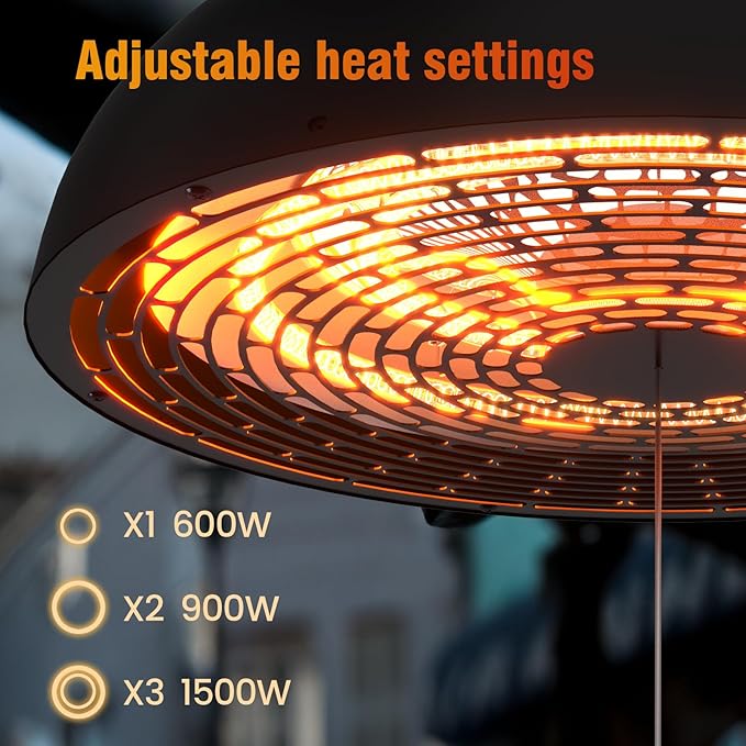 Hanging Outdoor Electric Heater, Infrared Patio Heaters for Outdoor Indoor Use, Ceiling Garage Heater with 3 Adjustable Modes 600W/900W/1500W. MATT BLACK