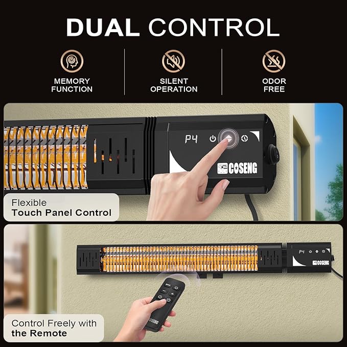 1500W Infrared Patio Heater, IP65 Waterproof Outdoor Electric Heater with Remote, 4 Heat Levels, 24H Timer, Memory Function, Fast Heating for Garage, Backyard, Black 2 pack