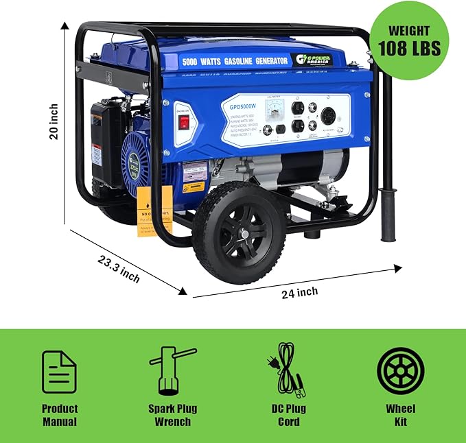 Green-Power America Gasoline Generator GPD5000W, Green/Black