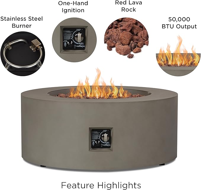 Real Flame Aegean 36" Round Propane or Natural Gas Fire Pit Table, 50,000 BTU, Powder-Coated Steel, Push-Button Ignition, CSA Certified, Lava Rock, Storage Cover, Stainless Steel Burner with Lid
