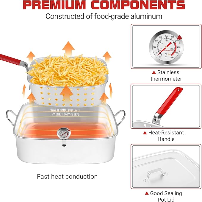OT1808-LID-Propane Deep Fryer with 18Qt Square Deep Fryer Pot – High Grade Strainer Basket Aluminum Pot for Fish Fry, Seafood Pot – Propane Burners for Outdoor Cooking Include Lid
