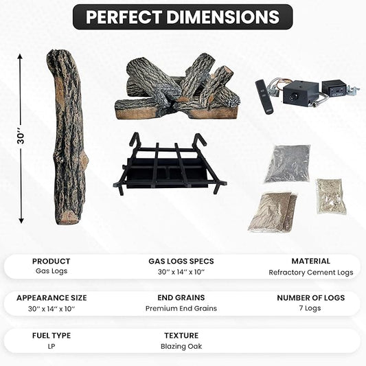 30" Premium Gas Logs - Remote Control Kit Included - for Liquid Propane Vented Fireplaces - Blazing Oak Design (Logs + Remote Light Kit)