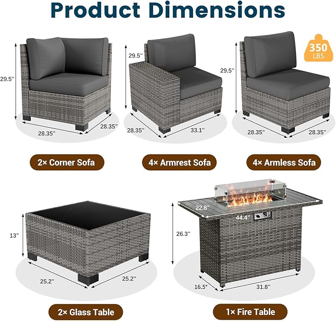 13 Piece Patio Furniture Set with Fire Pit Table, Outdoor Conversation Sets Grey Wicker Rattan Sectional Sofa, 4'' Thickened Cushion Dark Grey (Include Waterproof Cover)
