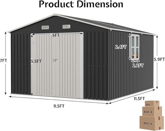 VanAcc 10x12x7 FT Outdoor Storage Shed with 2 Transparent Panels, Metal Garden Shed with Hinged Double Doors, 2 Windows & 4 Vents, Reinforced Steel Frame for Backyard, Garden, Dark Gray