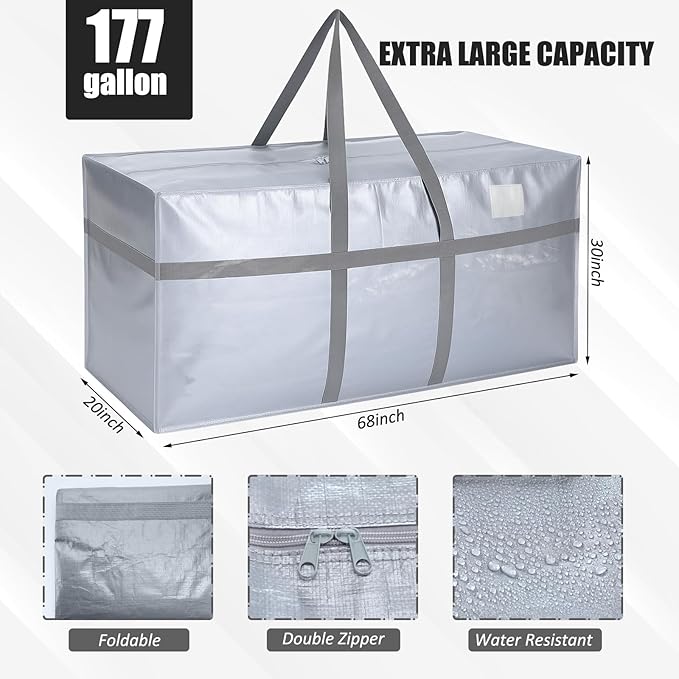 Windyun 4 Pack 177 Gallon Extra Large Storage Bags XXL Moving Bags with Zipper Handles Heavy Duty Jumbo Big Tote Box for Christmas Tree Storage 4, 5, 7.5, 9, 10, 12 ft Skeleton College Dorm(Silver)