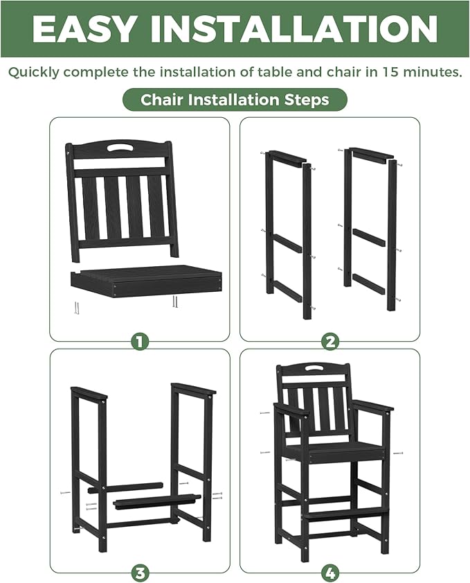 Outdoor Patio Bar Height Chair, All-Weather HDPE Tall Balcony Adirondack Stools for Bistro, Garden, Backyard, Deck | Matte Black