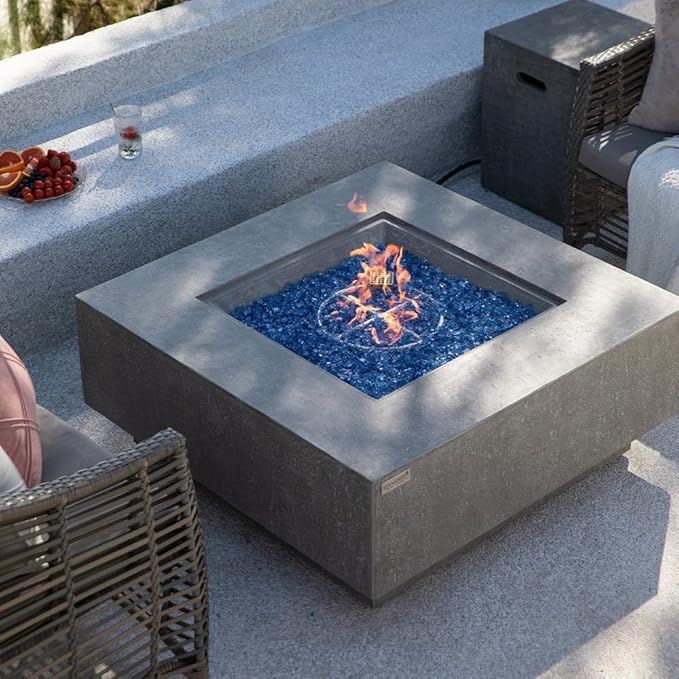 Victoria Concrete Fire Pit 40" x 40" Outdoor Patio Firepit Includes Fire Glass Modern Fire Pits & Outdoor Fireplaces for Garden, Deck, Indoor & Outdoor Heating