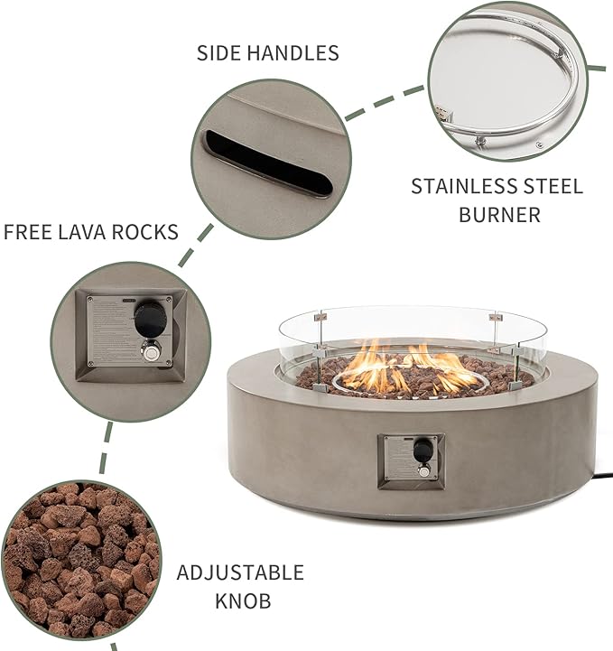 COSIEST 2-Piece Outdoor Propane Firepit Table Set w Tank Table, 42" Fire Table Certified, 50,000 BTU w Gray Round Base,Wind Guard and 16 inches Tank Side Table 20lb for Garden,Pool