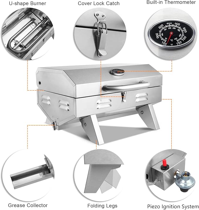 ROVSUN 12000BTU Portable Gas Grill, Outdoor Tabletop Propane Grill with Built-in Thermometer, Press Ignition & Full Stainless Steel Body for Patio Garden Backyard Camping BBQ Picnic