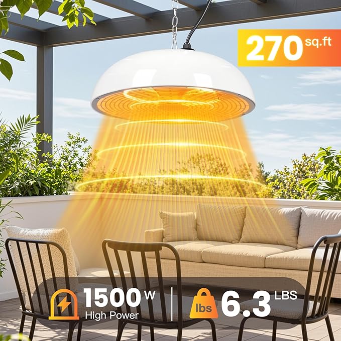 Infrared Electric Patio Heater, 1500W Outdoor Heaters for Patio with Overheat Protection,1500W Hanging Ceiling Mounted Infrared Patio Heater with IP55,Cord-Free Design (white)