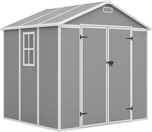 Amopatio 8x6 FT Storage Shed, Resin Outdoor Shed with Floor Included, Plastic Sheds Outdoor Storage for Bike, Garden Tools, Sheds & Outdoor Storage with Lockable Door, Window & Vents, Grey & White