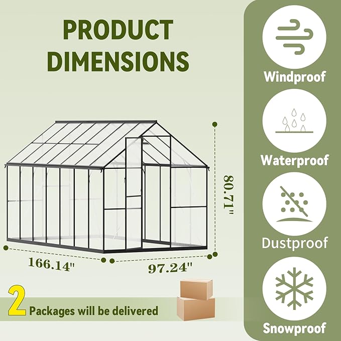 8x14 FT Greenhouses for Outdoors, Polycarbonate Greenhouse, Easy Assembly Aluminum Green Houses for Outside Heavy Duty, Snow-Resistant Walk-in Winter Greenhouse for Garden Backyard