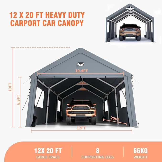 Car Ports 12x20 Heavy Duty,Carports with Sidewalls,Carport Canopy All Weather,Grey