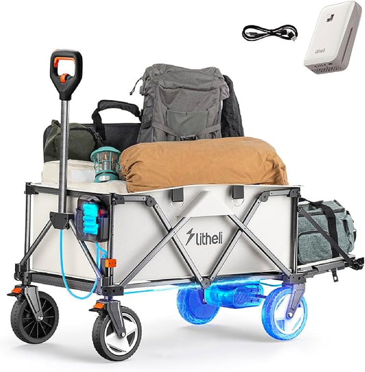 Litheli Electric Wagon Cart with 1 Battery, All-Terrain Wheels & Variable Speed | 200L Capacity, 300 lbs Heavy-Duty Utility Wagon for Camping Beach Garden Shopping, SE-Beige