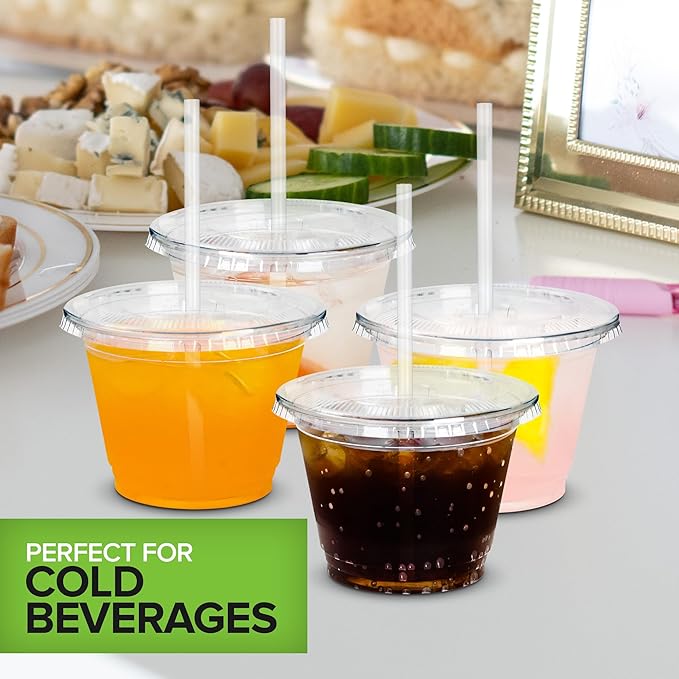Stock Your Home 9 oz Clear Commercially Compostable Cups with Lids and Straws Set of 400, Eco Friendly Disposable Cups