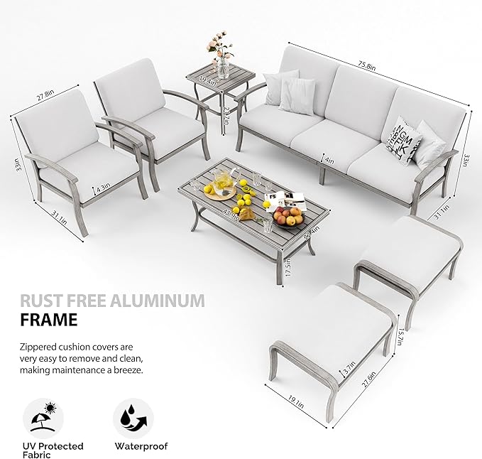 HAPPATIO 7 Piece Aluminum Patio Furniture Set, 3-Seat Outdoor Ottomans and Armchairs, Outdoor Sectional Sofa with Side Table and Coffee Table, Garden Conversation Set for Lawn Deck (Gray)