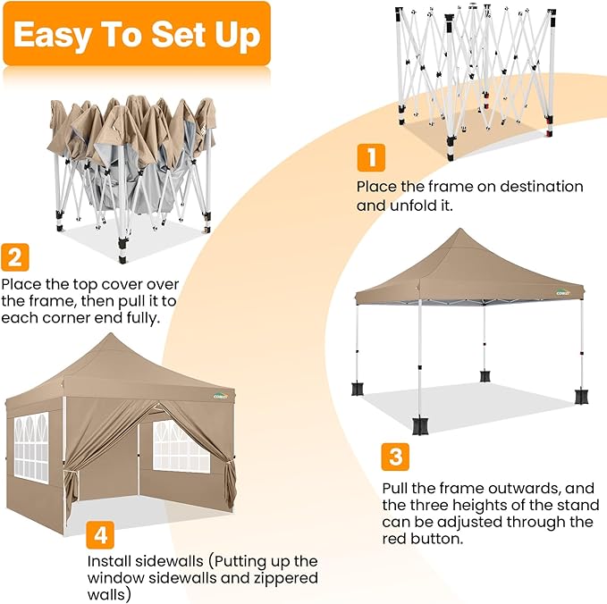 COBIZI 10x10 Pop Up Canopy with 4 Sidewalls, Pop up Tent 10x10 for Parties, Backyard, Commercial, Waterproof and Portable Instant Shelter UV50+ Ez Outdoor Canopy Gazebo with 4 Sandbags