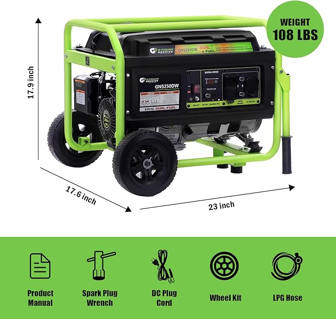 Green-Power America Dual Fuel Portable Generator 5250 Watt Gas or Propane Powered, Manual Recoil Start, 120v and 240v AC output, 12V-8.3A Charging Outlets, Home Back Up & RV Ready