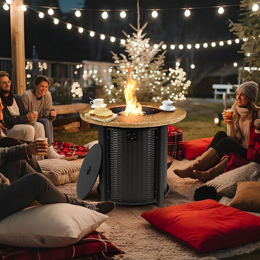 30 Inch Round Propane Fire Pit,50,000 BTU Iron Gas Firepit with Ignition Systems,w/Lid,Glass Stones,Outdoor Fire Table for Outside Patio,Deck-Black
