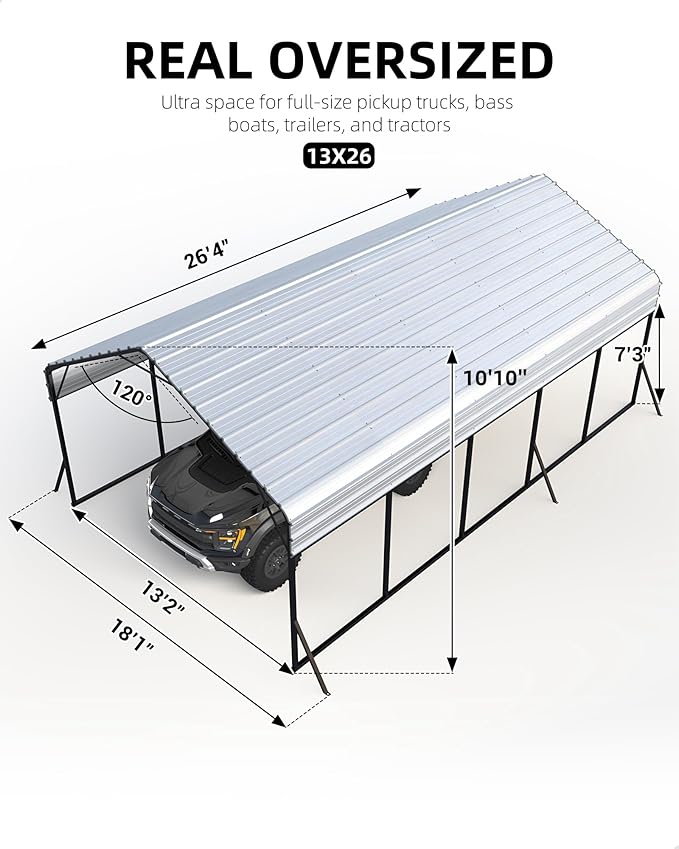 Heavy Duty Metal Carport, 13x26 FT Oversized Shelter with Galvanized Steel Frame and Roof, Metal Carport Shelter for Boats, SUVs and Trucks