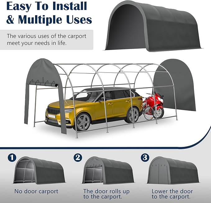 Anti-Snow 10x20 FT Carport,Grade Heavy Duty Portable Garage Canopy with Steel Frame & Vented Roof,Waterproof Outdoor Storage Shed W/Removable Double-Zipper Doors,for Vehicle, Boat,RV,Grey