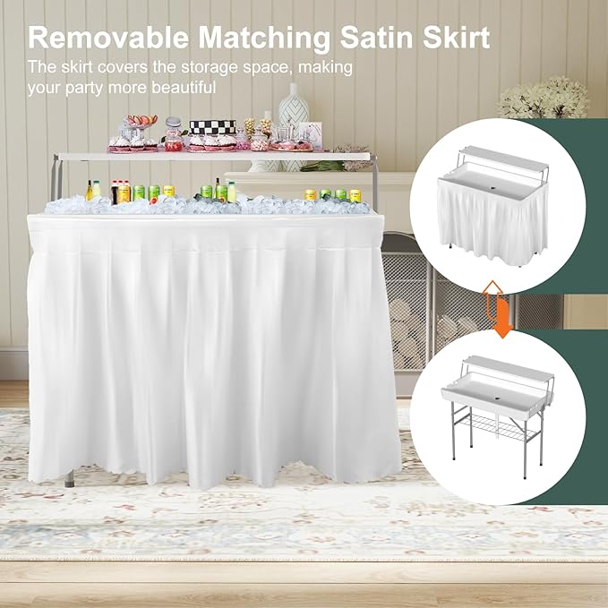 IWDOO 2 Tiers 4 Foot Ice Cooler Table, Folding Tailgate Camp Fishing Cleaning with Matching Skirt & Drain Hose, Plastic Ice Table for Party, BBQ, Camping, Picnic, Barbecues to Keep Drinks Cool, White