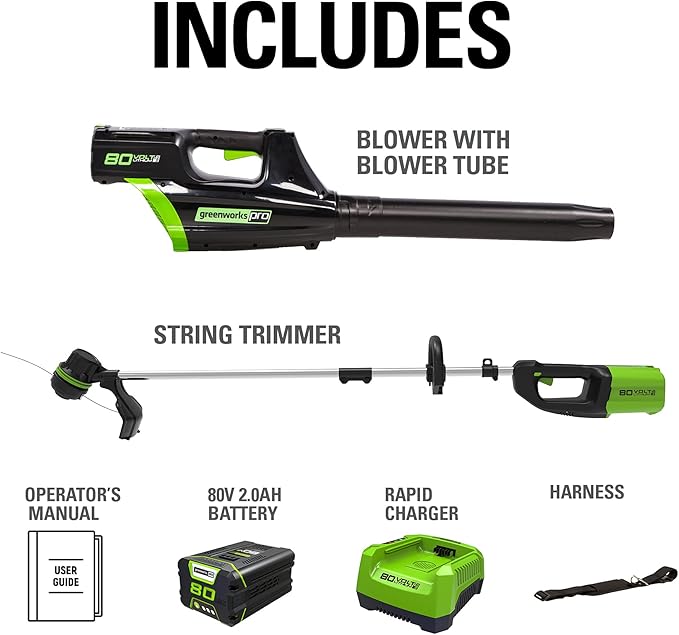 Greenworks 80V Brushless Cordless Yard Tool Combo Kit with 2.0Ah Battery & Rapid Charger – 16" Dual-Line String Trimmer and 500 CFM / 125 MPH Leaf Blower, Variable Speed, 4-Year Warranty