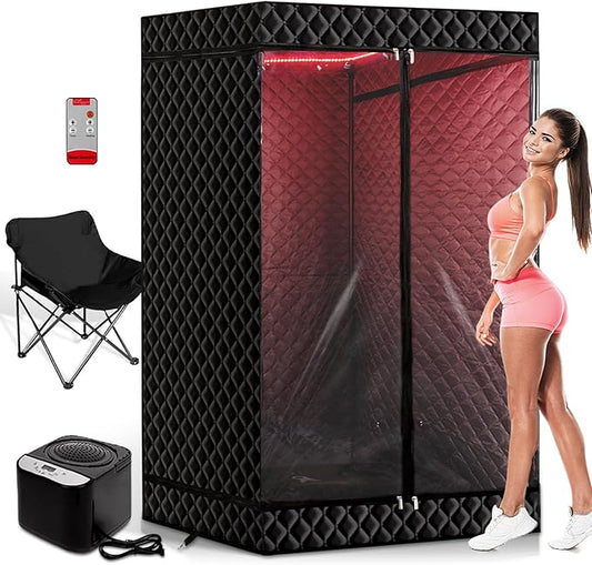 New UpgradeRed Light Sauna Box for Relaxation,Detoxification,Portable Steam Sauna for Home with XL Steamer,16 Levels, 75”x 40”x40”，Double Doors，Larger Folding Chair, Gym-Black， (Black)