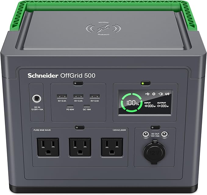 Schneider OffGrid 517Wh Portable Power Station, PPS500 Portable Solar Generator with Wireless Charging Pad, for Camping or Home