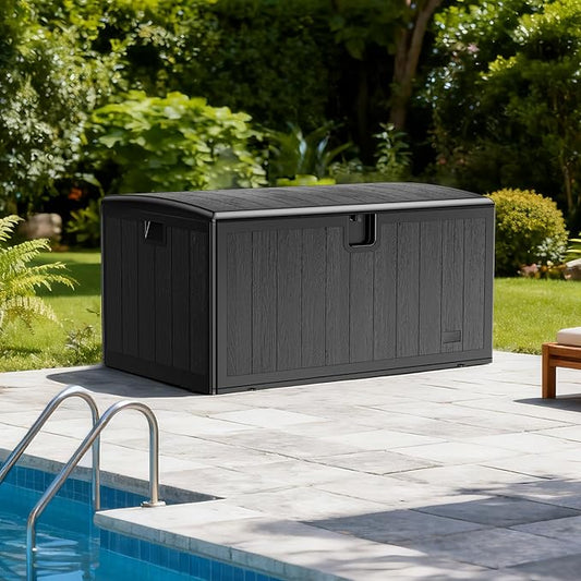 JEKO&JEKO 130 Gallon Outdoor Storage Box – Large Plastic Deck Box with Lockable Lid for Patio Furniture, Garden Supplies, and Shoes, Black