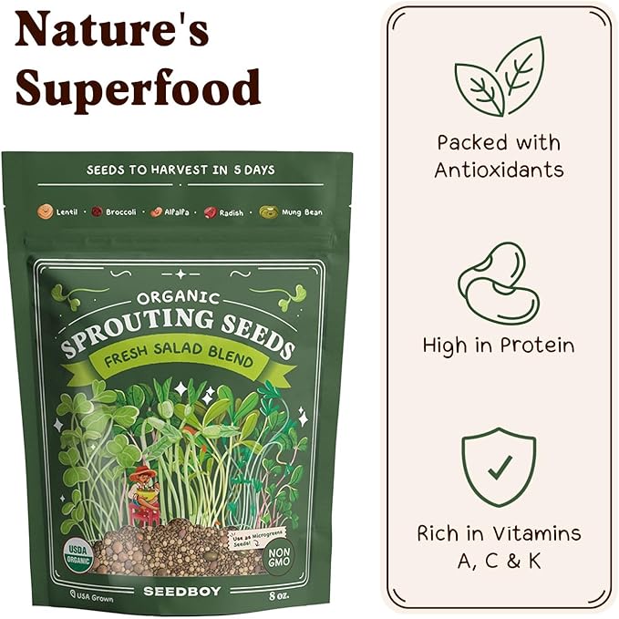 Seedboy Organic Non-GMO Fresh Salad Blend Sprouting Seeds & Kit – Includes Jar, Lid & Stand – USA Grown Microgreens Mix – 8 oz Bag Makes 24 Servings (Sprouting Jar/Salad Blend)