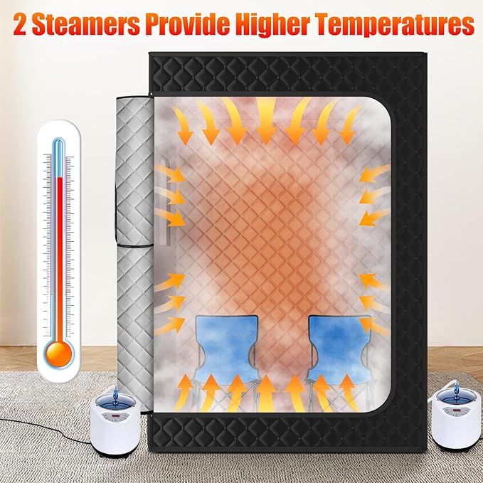 Upgraded 2 Person Sauna Box, Extra Large Sauna Box, Portable Sauna Tent with 2 Steamers, 2 Folding Chair, 71”x 49”x 36”, Black