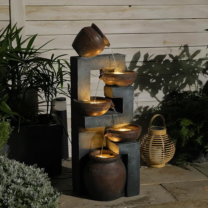 Bumilgar 33.8" H Water Fountain Outdoor with LED Lights & Pump, 5-Tier Cascading Outdoor Fountain for Garden,Patio,Porch,Backyard,Home Art Decor (Brown)