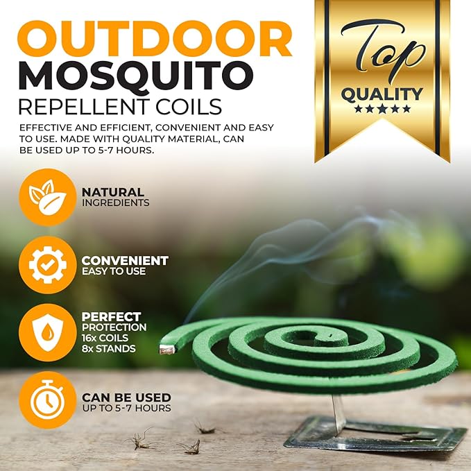 Mosquito Repellent Coils - Outdoor Use Reaches Up to 10 feet - Each Coil Burns for 5-7 Hours (16 coils & 8 Coil Stands)