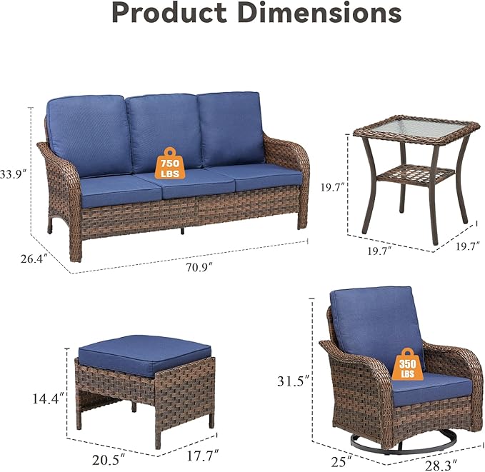 12 Pieces Outdoor Patio Furniture Set-All-Weather Outdoor Furniture Set with High Back Wicker Swivel Patio Chair Set of 4, Patio Conversation Sets for Garden Porch Deck Brown/Blue