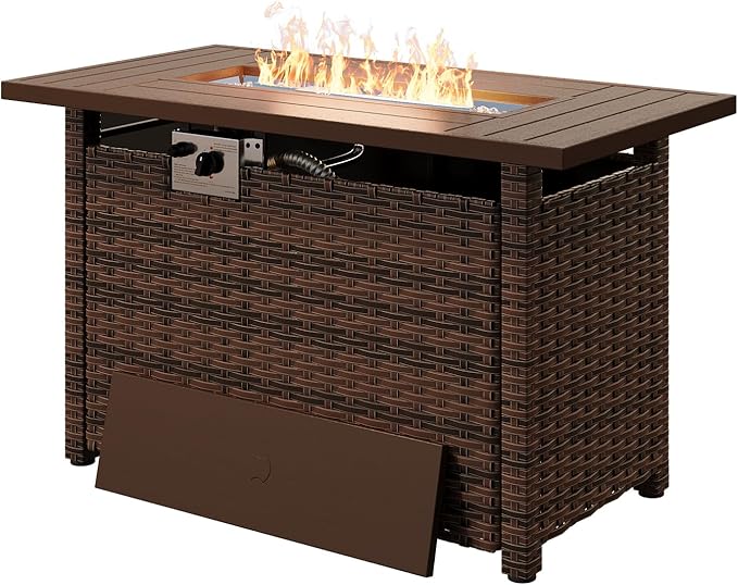 Aoxun 44" Propane Fire Pit with Storage 50,000 BTU Outdoor Wicker Fire Table CSA Certified Patio Rectangular Gas Fire Pit Table with Firepit Lid and Waterproof Cover