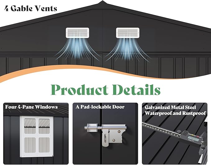 AMERLIFE 13x21x8 FT Heavy Duty Metal Garage Shed, Extra Large Outdoor Storage Shed with Double Hinged Doors, 4 Windows, Carport for Car, Truck, Bike and Garden Equipment, Dark Gray