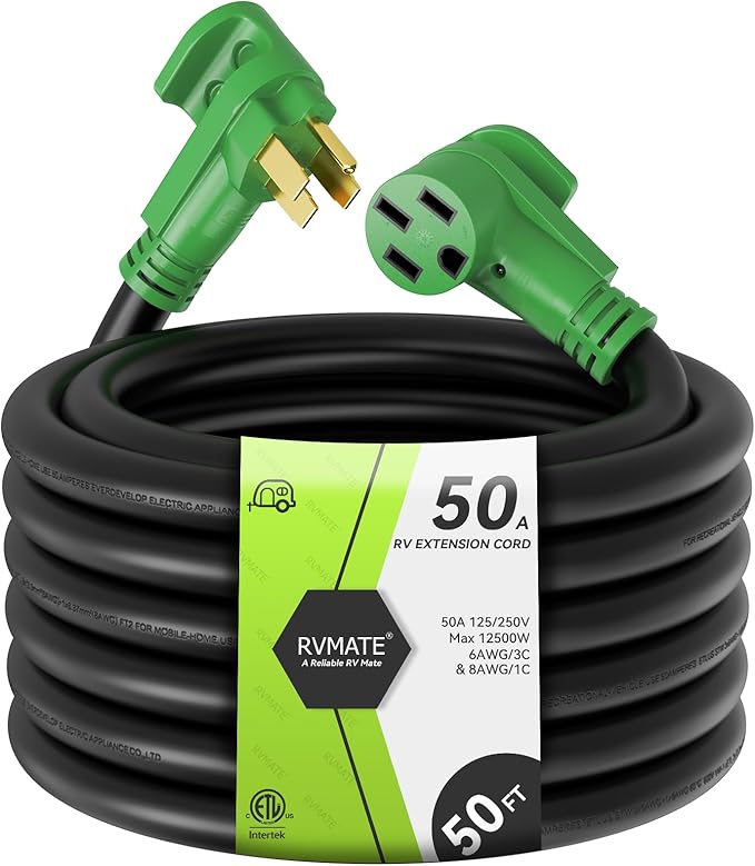 RVMATE 50 Amp 50 Feet RV/EV Extension Cord, Easy Plug in Handle, 14-50P to 14-50R with LED Indicator, ETL Listed, Come w/Storage Bag and Plastic Strap