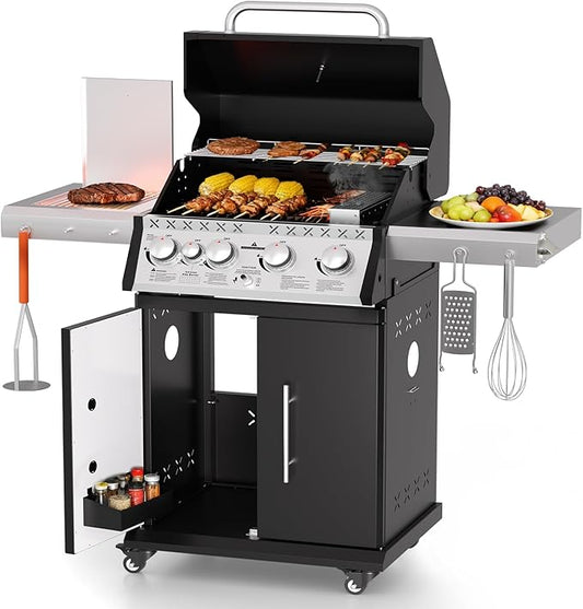 SKOK 4+1 Burners Gas Grill with Infrared Side Burners, Outdoor BBQ Grill with Cast Iron Grates, Barbecue Grill with Wheels, 60,000BTU Output
