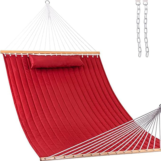 Lazy Daze Hammocks 12 FT Double Quilted Fabric Hammock with Spreader Bar and Detachable Pillow, 2 Person Hammock, 450lbs Weight Capacity, Burgundy