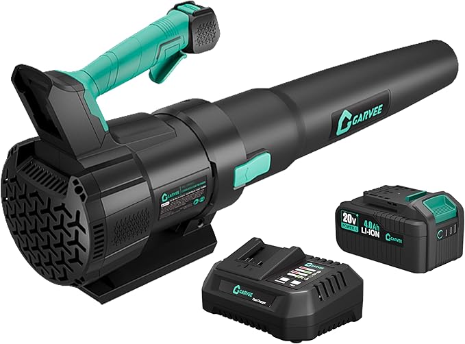 Leaf Blower Cordless - 20V Electric Leaf Blower 350CFM & 2 Speed Modes with Charger, 1 * 4.0Ah Lightweight Battery Powered, Leaf Blowers for Lawn Care, Blowing Leaves, Patio, Dust (Black & Turq 1)