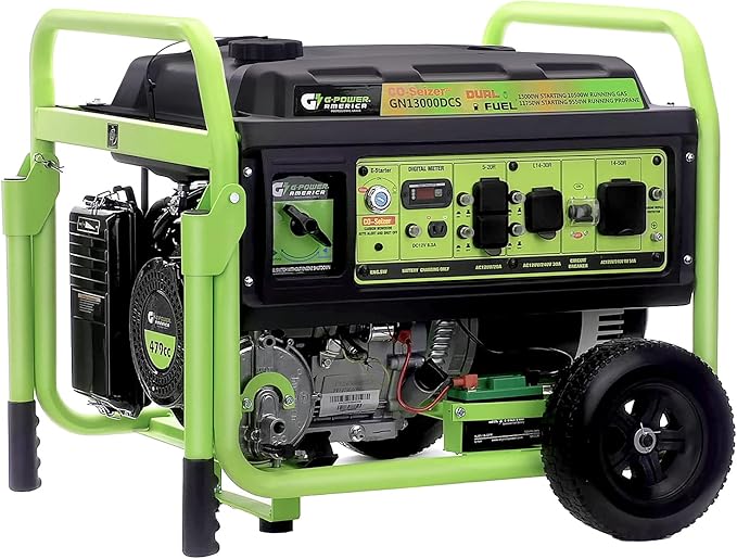 Green-Power America Dual Fuel Portable Generator 13000 Watt,Gas or Propane Powered,Electrical/Recoil Start, Equipped with CO-Seizer CO Protection System