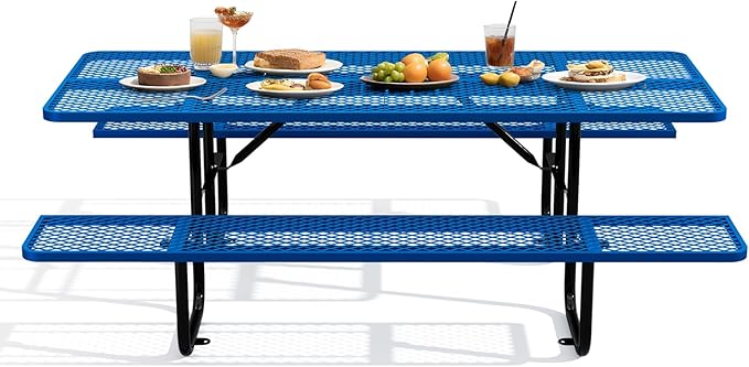 Rueekfil 72" Coated Picnic Table with Umbrella Hole, Heavy Duty Commercial Picnic Table for Outdoors, Family & Party Ready for School Camping, Rectangular, Blue