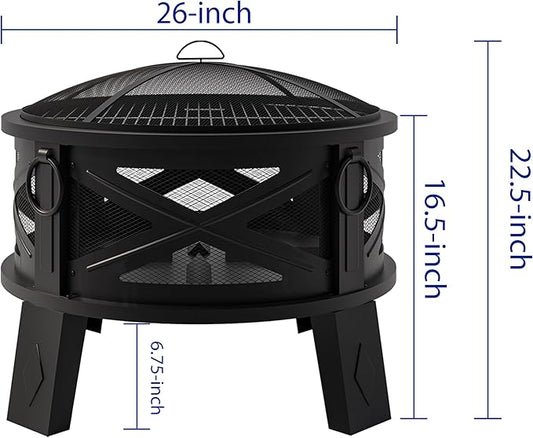 Fire Beauty 26"Steel Fire Pit with Grill Grate&Spark Screen,360° Airflow Boost Technology,Less Smoke,Larger Flames,Heavy-Duty Portable Camping Fire Pit for Backyard,Beach,RV (22lbs,4 Handles,Dual-Use)