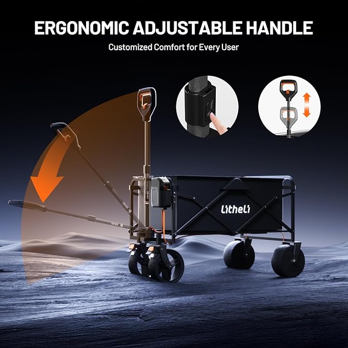 Litheli Electric Collapsible Wagon Cart Foldable, 100L Portable Folding Wagon Cart with Wheels, Outdoor Lightweight Utility Carts for Beach Grocery Camping Shopping，Black
