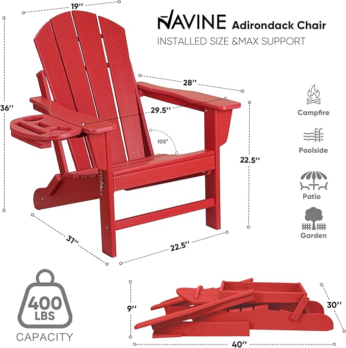 Adirondack Chair Set of 6, HDPE Folding Adirondack Chair with Multifunctional Cup Holder, Weather Resistant Fire Pit Chair for porches, patios, poolsides, Decks.